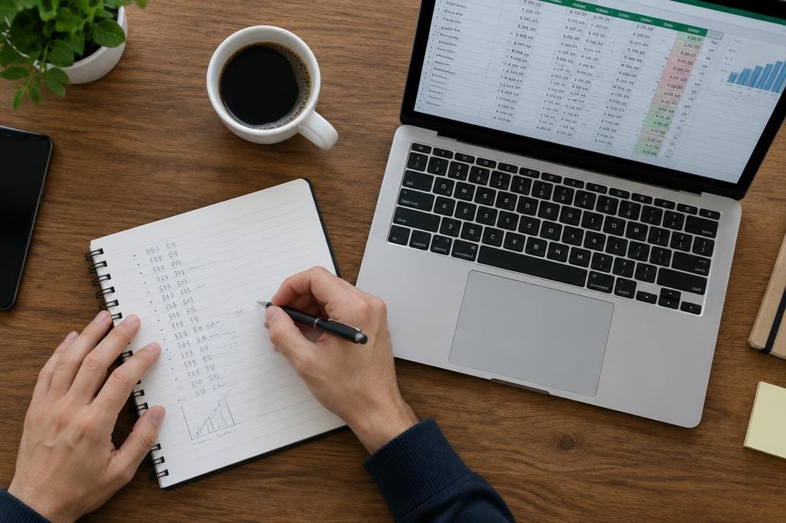 Researcher writing notes next to a spreadsheet of price data